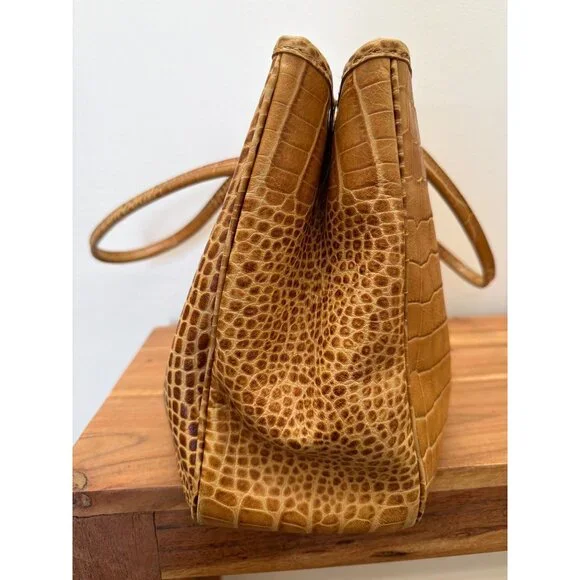 Longchamp Tan Croc-Embossed Roseau Leather Tote Handbag With Silver Toggle Closu